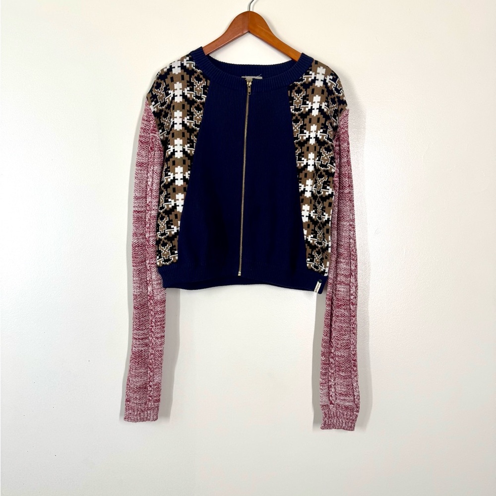 One Teaspoon Navy Patterned Zip Up Sweater with heathered red sleeves *NWT*